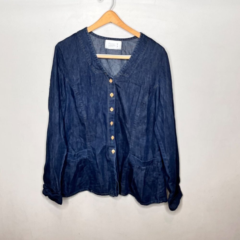 Flax Button Front Denim Chambray‎ Long Sleeve Shirt- Size Small